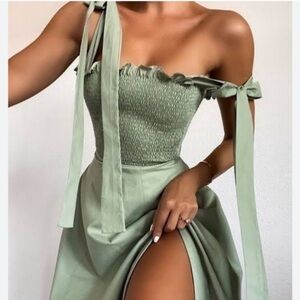 House of CB Carmella Sage Green Shirred Midi Sundress